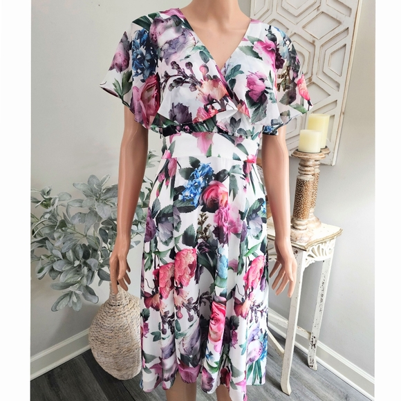 Maggy London White Floral Capelet Sleeves Flowy Chiffon VNeck Midi Dress - Picture 3 of 10